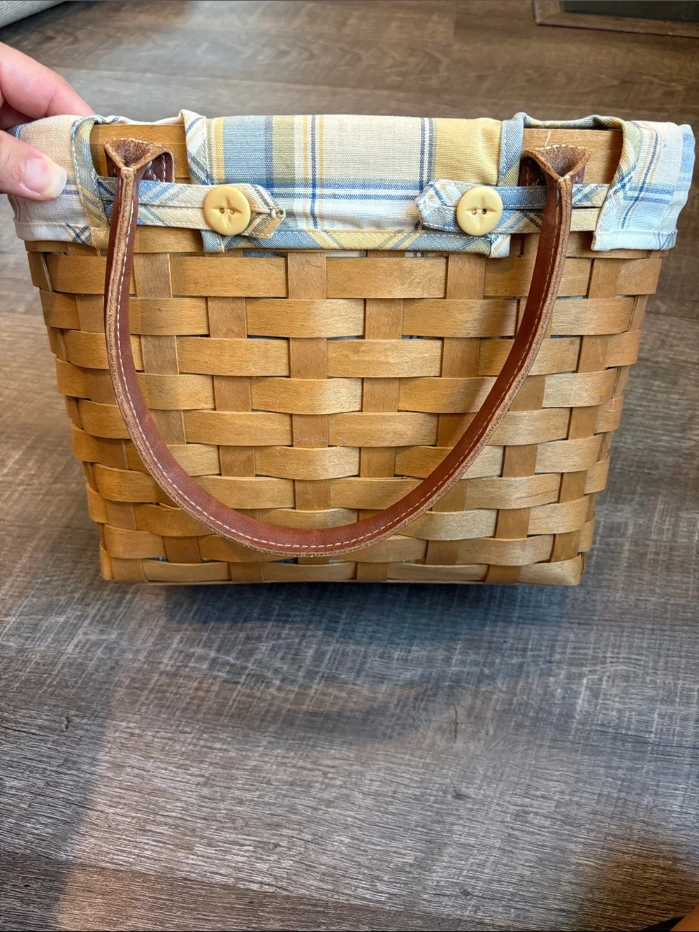 Longaberger Boardwalk Basket Leather Handles Plaid Liner